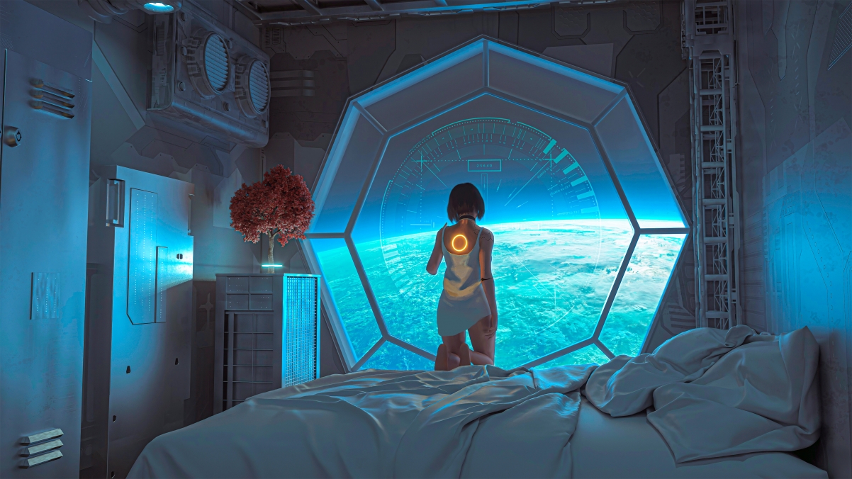 未来科幻 太空 宇宙 房间 床 树 机械人女孩 星球4k动漫壁纸 电脑壁纸-第1张