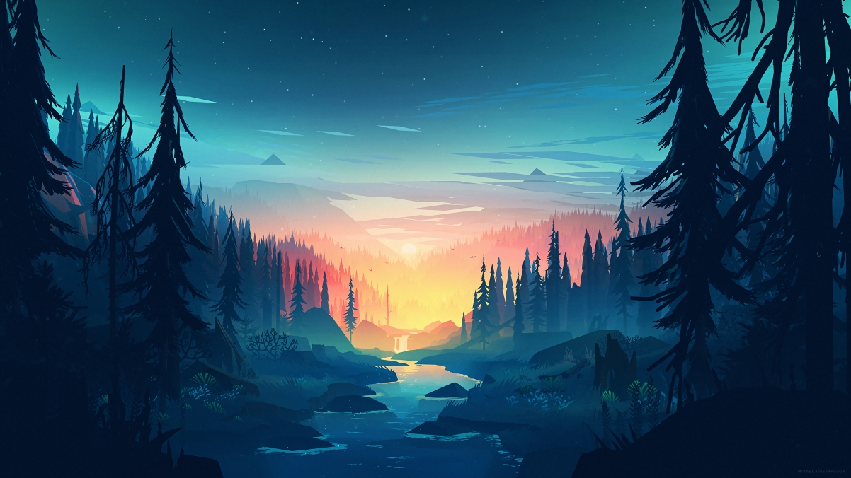 晚上 森林 湖泊 山脉 水 瀑布 云 星星 4k风景壁纸 壁纸-第1张
